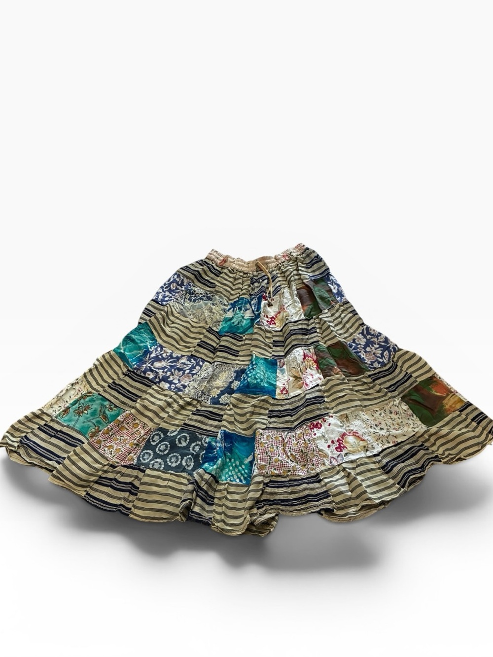 Bohemian Patchwork Circle Skirt in Green and Cream